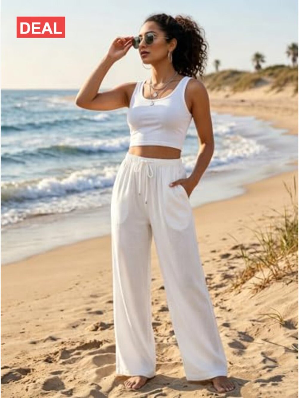 Flowy High Waist Wide Leg Linen Palazzo Pants Summer Beach Casual Trousers - Picture 3 of 7